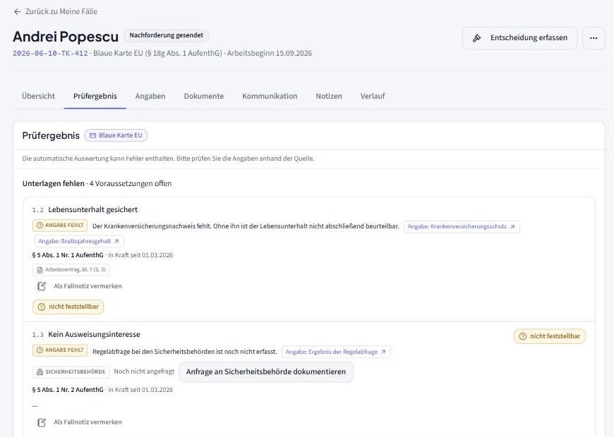 VisaFlow Prototyp: Prüfergebnis mit Voraussetzungen und Fundstellen im AufenthG