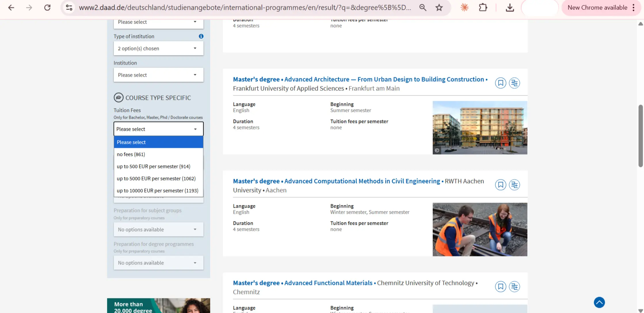 Choosing search filters on DAAD website‍