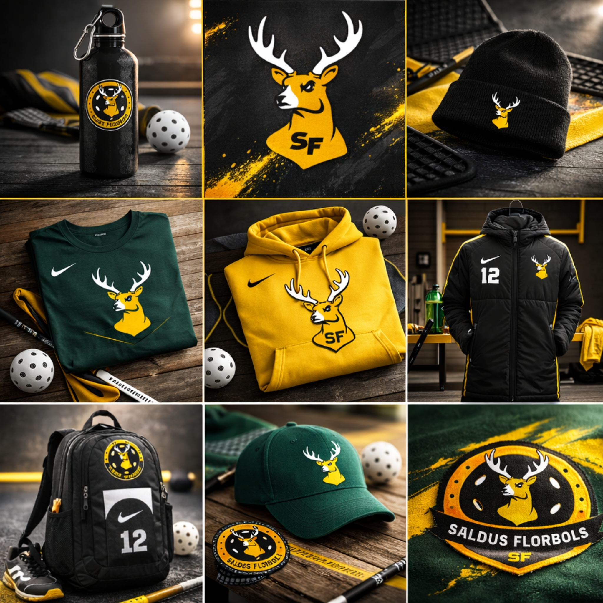 Saldu florbola zīmols un sporta ekipējums ar dambi, ieskaitot dzeramās pudeles, cepures, krekli, mugursomu un jaku ar brieža galvas logo.