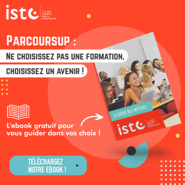Annonce pour un ebook gratuit d'istc intitulé Parcoursup : ne choisissez pas une formation, choisissez un avenir ! L'image montre une couverture d'ebook avec des étudiants en classe et un bouton invitant à télécharger le ebook.