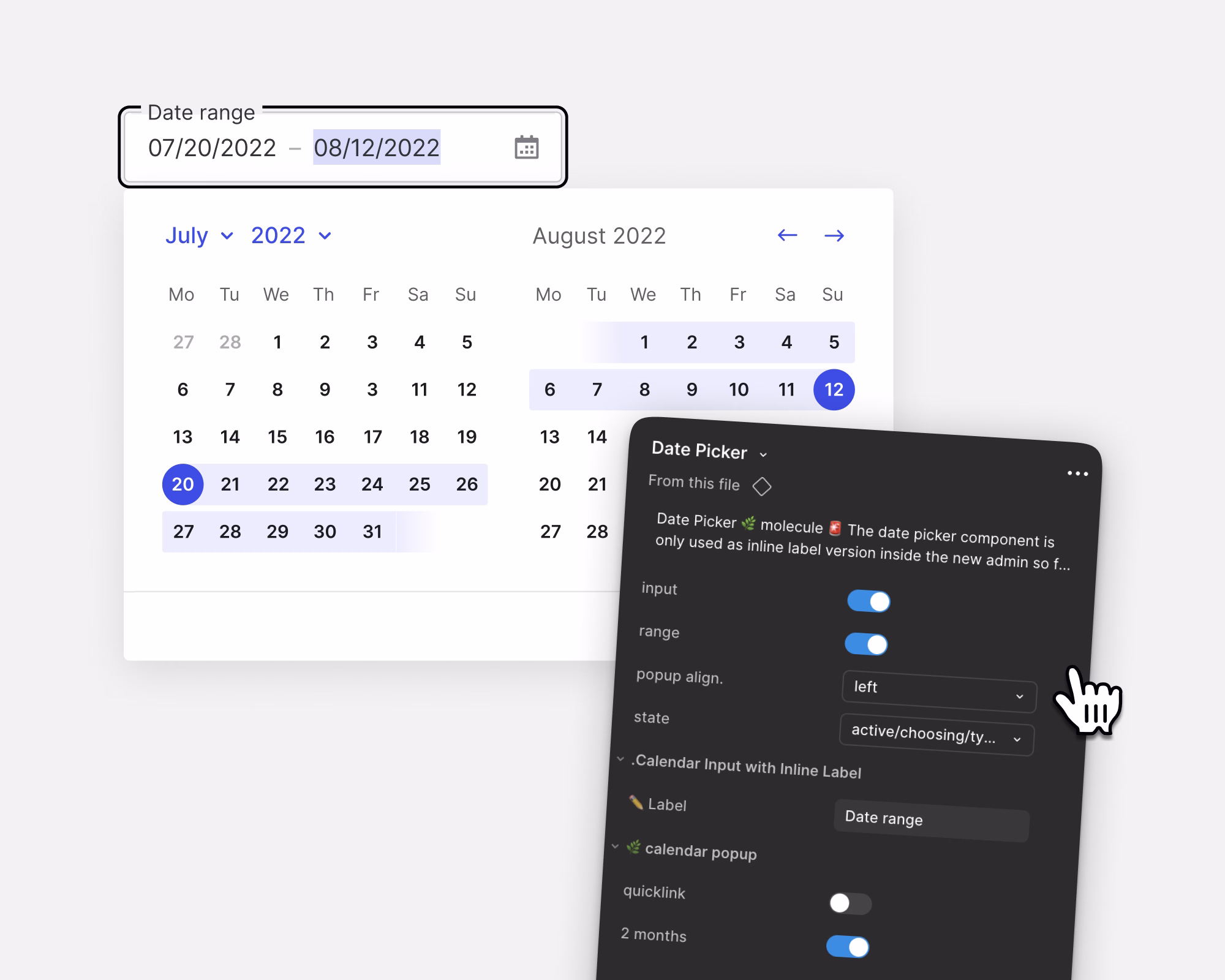 Date range picker component with the component API exposed