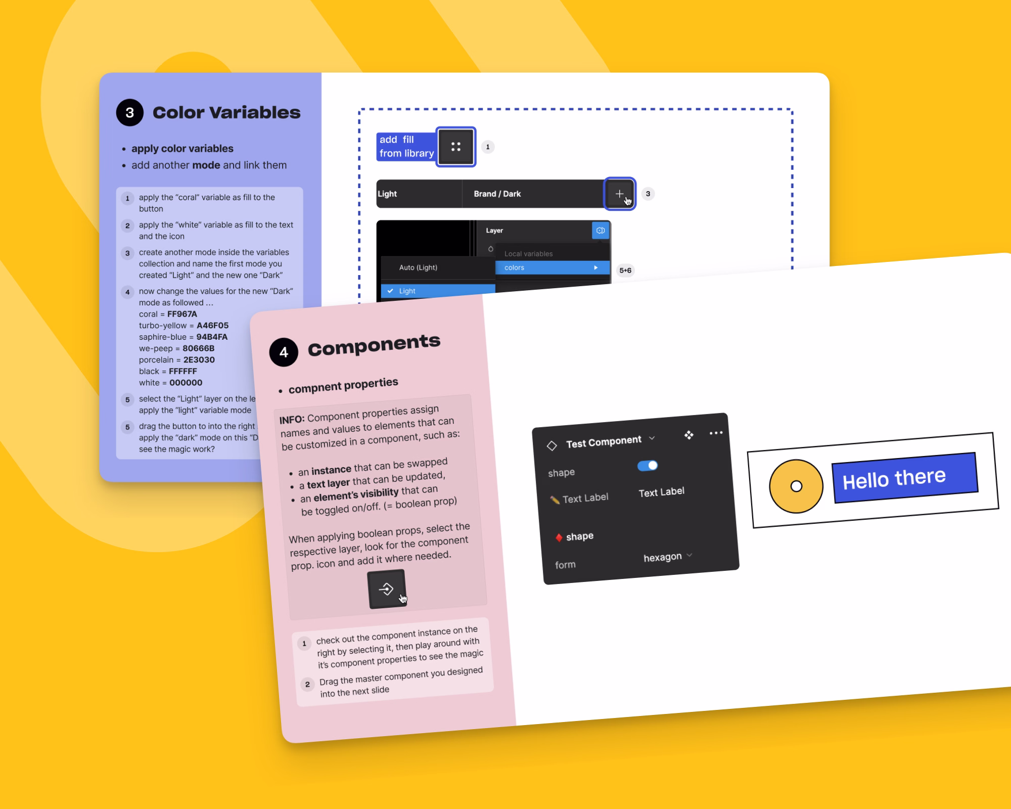 2 slides of an onboarding presentation for variables and components