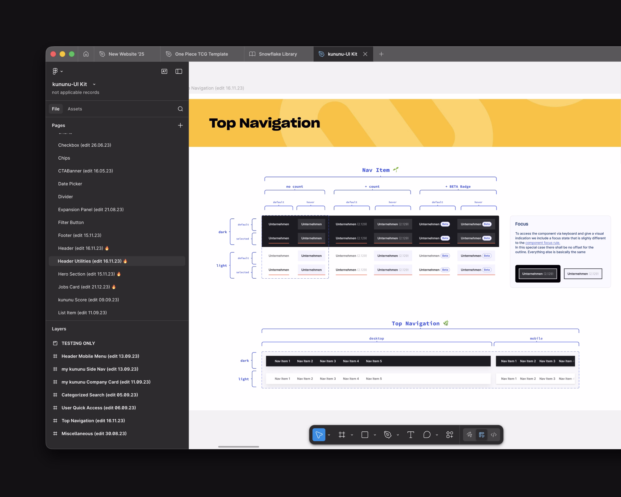 Figma interface showing the top navigation component in all their states