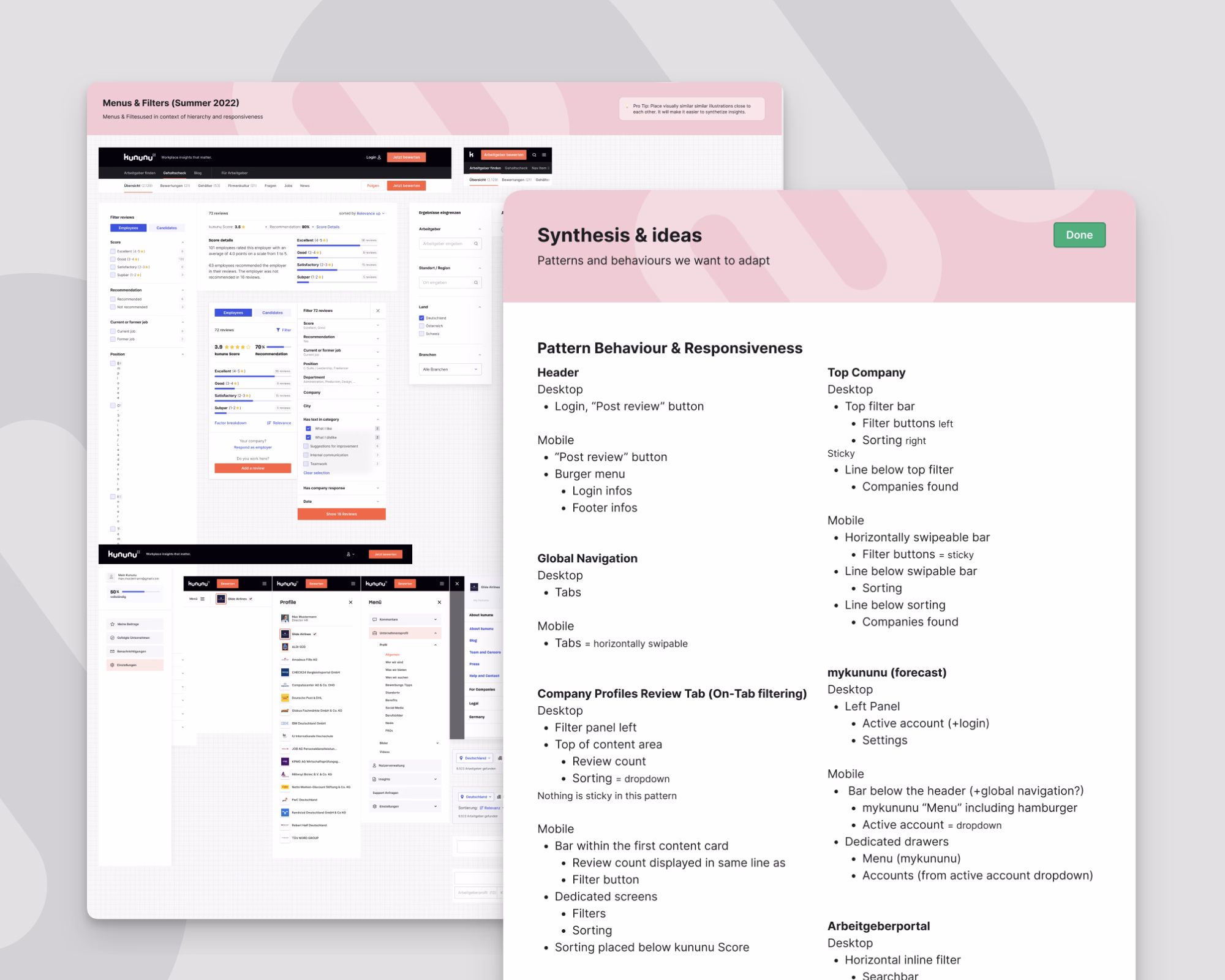 two screens of a UI Inventory page showing synthesis and ideas for the navigation