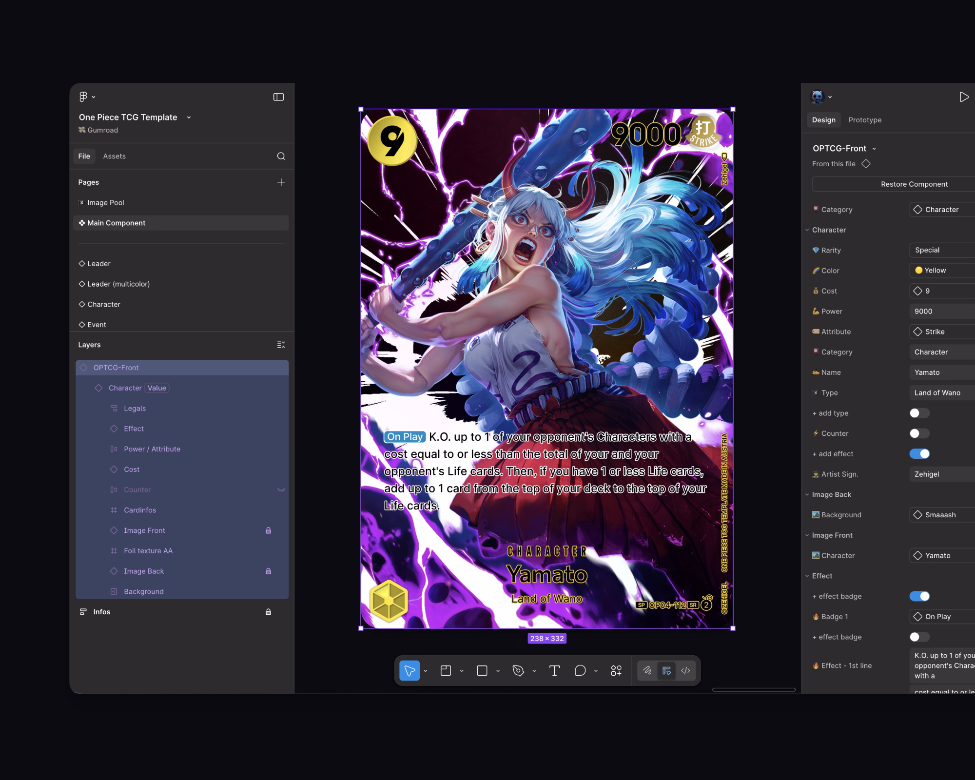 Figma interface showing the one piece card game template in use