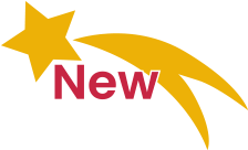 Red text saying new with a yellow shooting star in the background