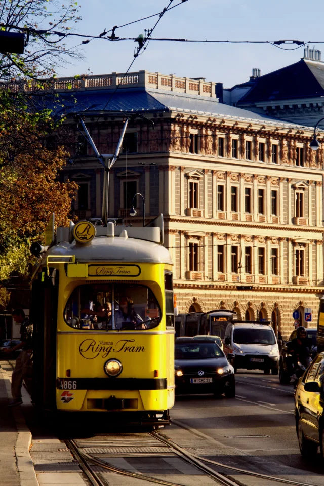 Gelbe Wiener Ringstraße-Straßenbahn in der Innenstadt vor einem historischen Gebäude.