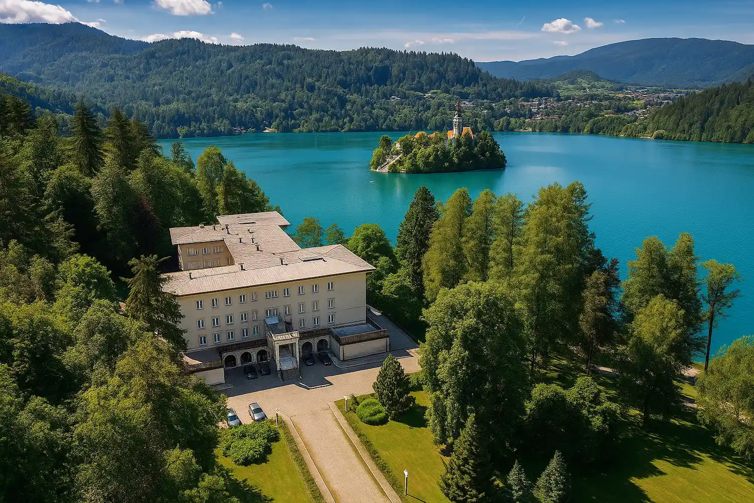 Aerial view of Vila Bled overlooking Lake Bled and Bled Island, a popular location for a Lake Bled wedding.