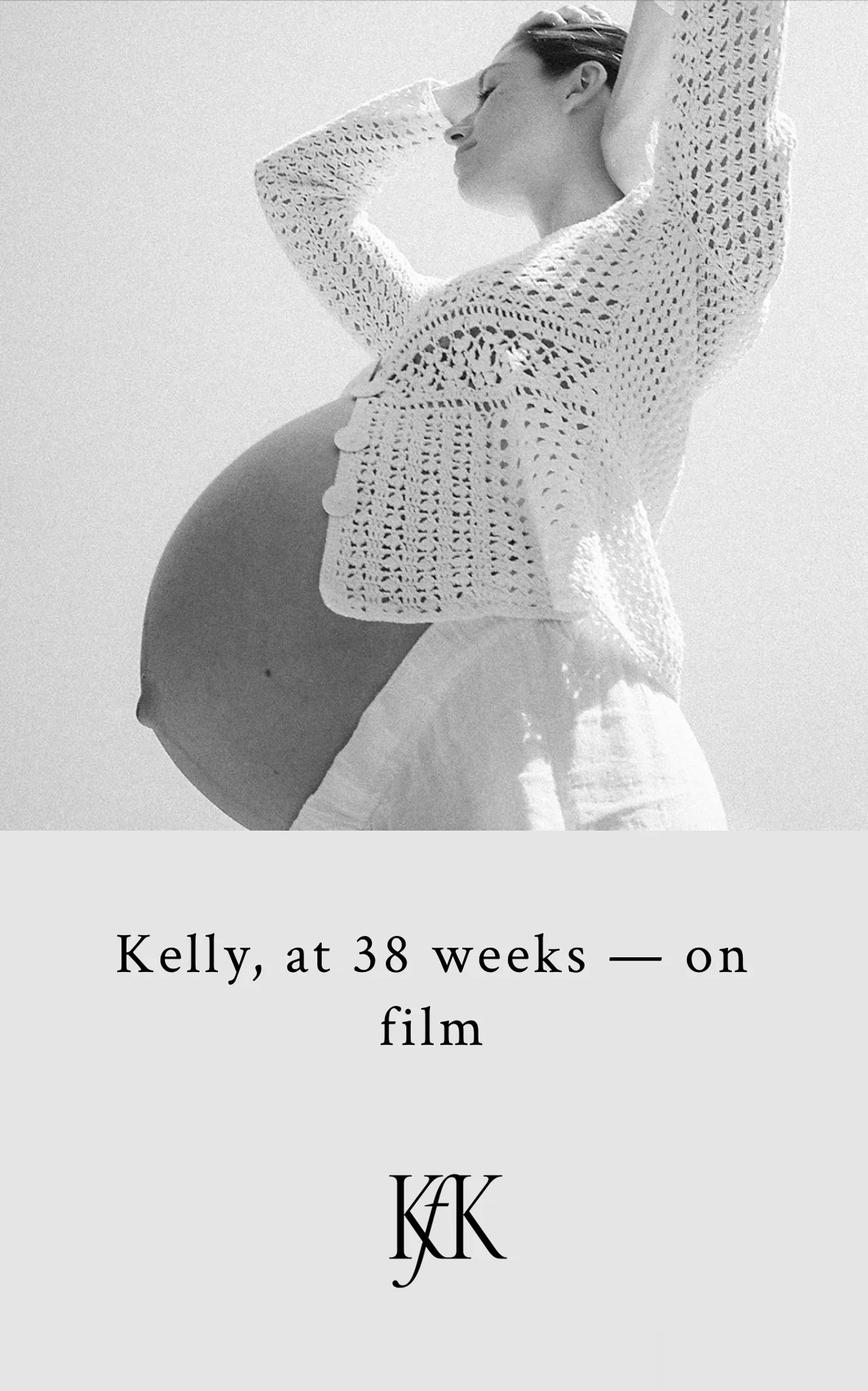 Black and white maternity portrait of a woman at 38 weeks pregnant, wearing a crochet top and gazing upward with one hand behind her head. Photo by Kaley from Kansas.