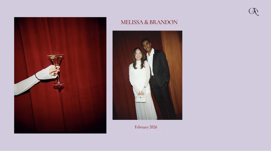 Wedding announcement with two photos on a lavender background: on the left, a hand holding a martini glass with a lime against a red curtain; on the right, a couple dressed formally posing against a wooden background. Text above reads 'Melissa & Brandon' and below reads 'February 2026'.