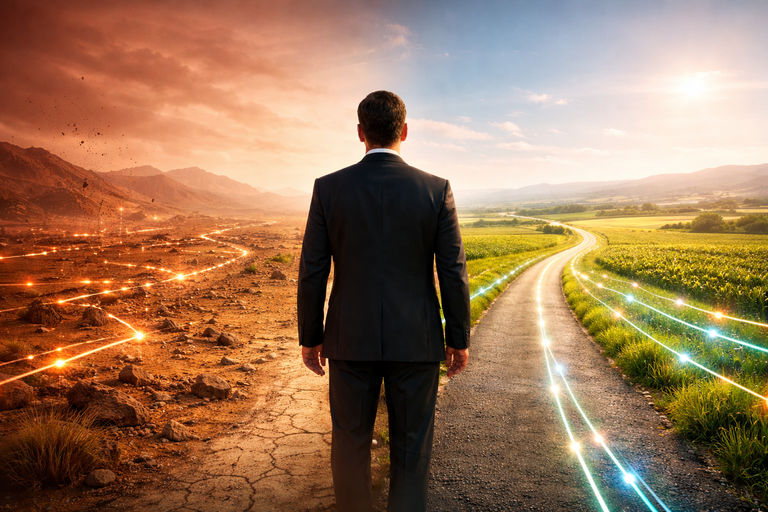 Ein Manager steht an einem Scheideweg, link der weg mit chaotischer Datenhaltung, Rechts mit strukturiertem Vorgehen. Rechts führt der weg in blühende Landschaften links ist die Landschaft wüst und karg.