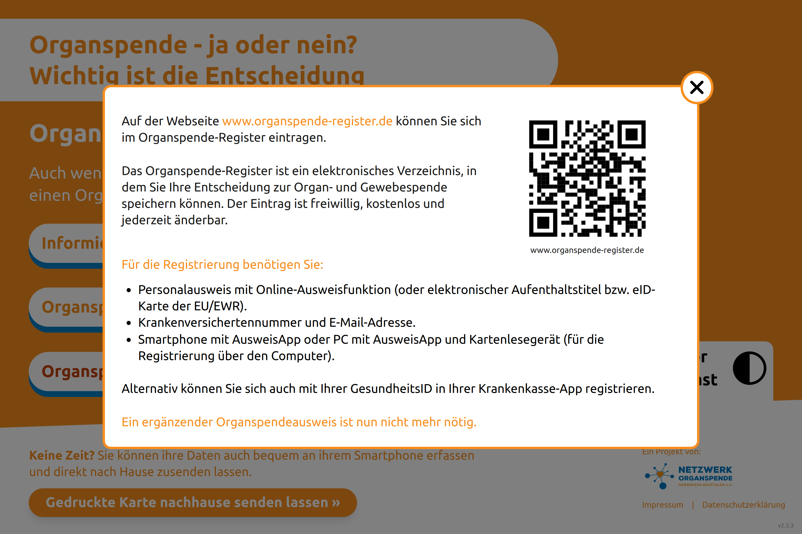 Hinweis zum Organspende-Register mit QR-Code