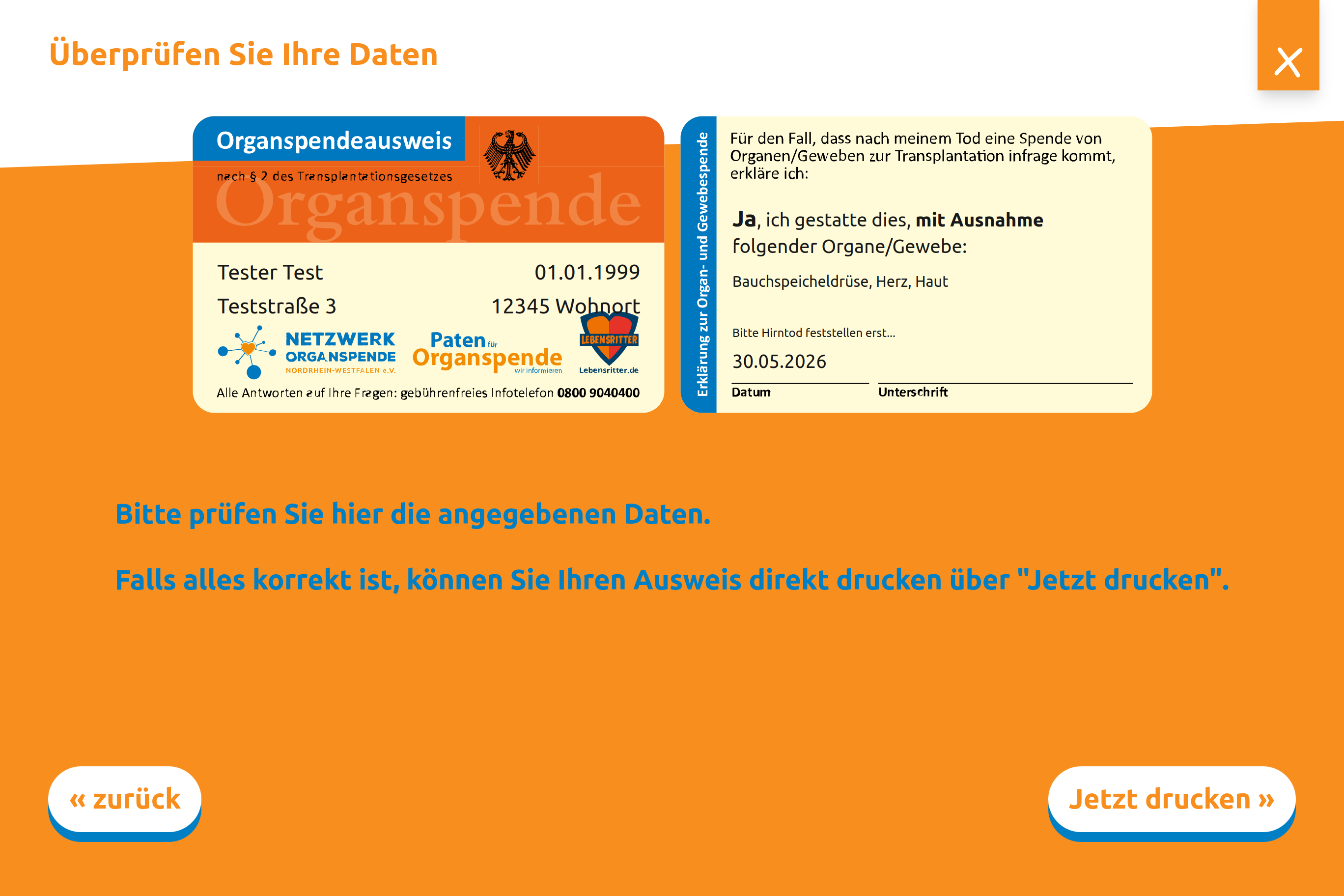 Vorschau des Organspendeausweises vor dem Druck