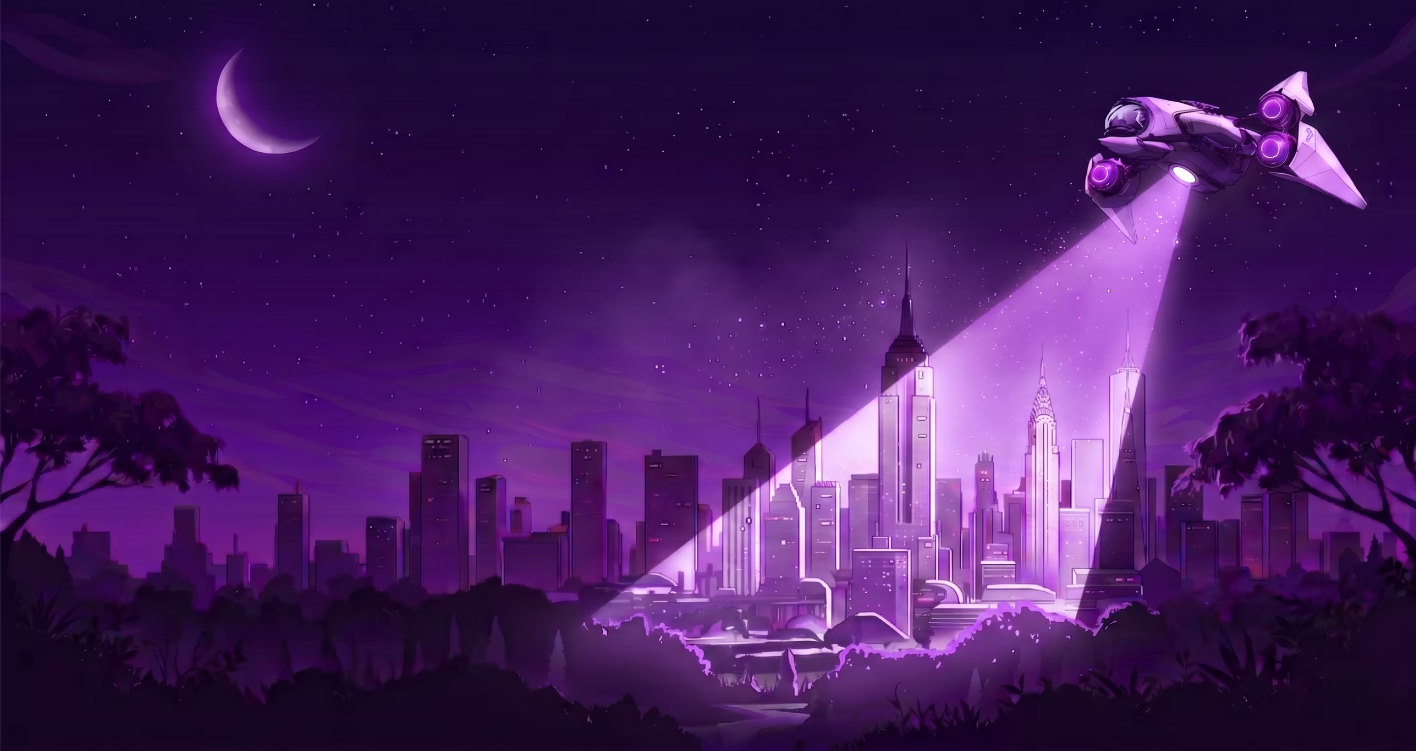 Futuristic spaceship shining a purple spotlight over a city skyline under a crescent moon.