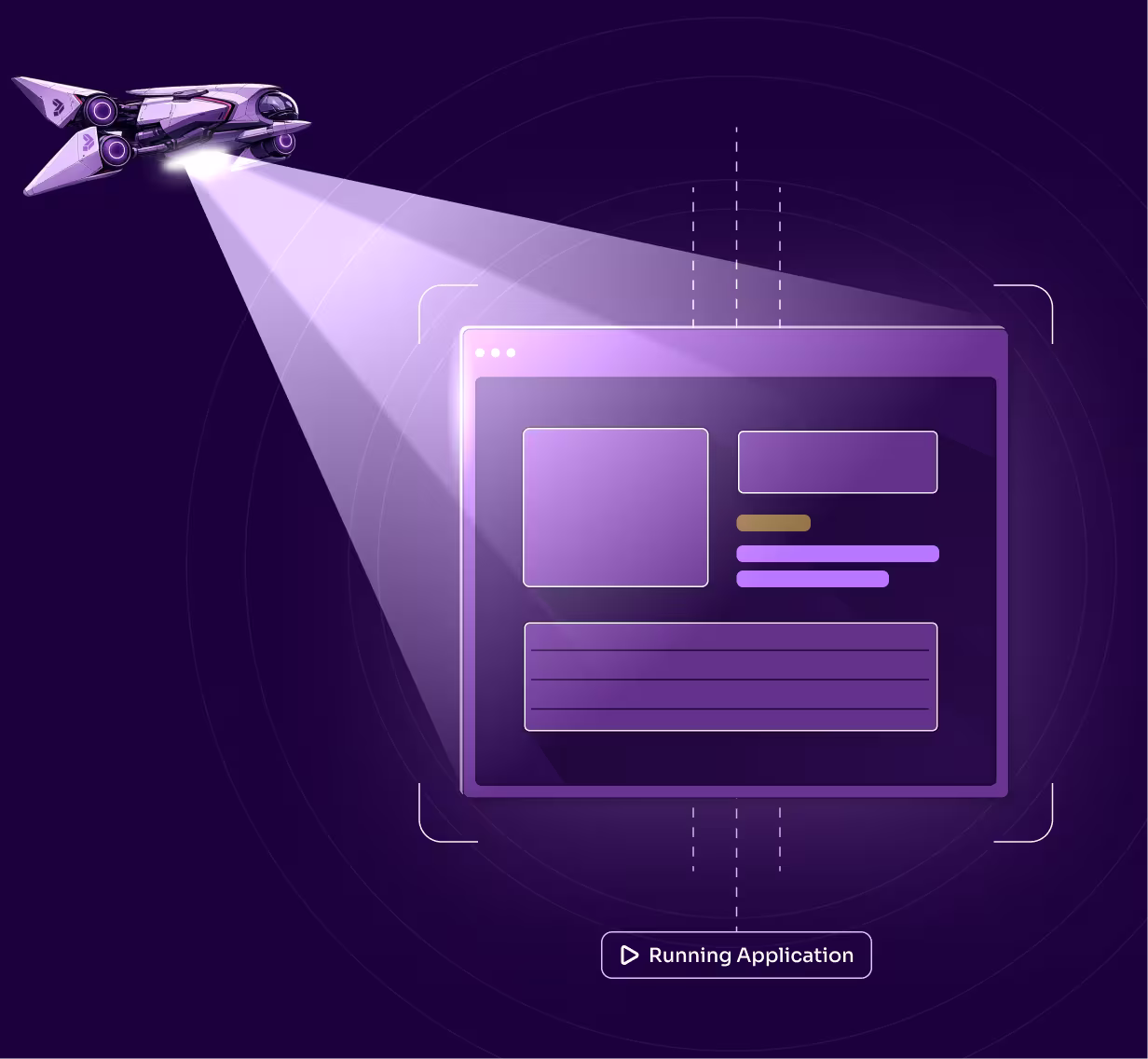 Spaceship projecting light onto a digital interface labeled 'Running Application' on a dark purple background.