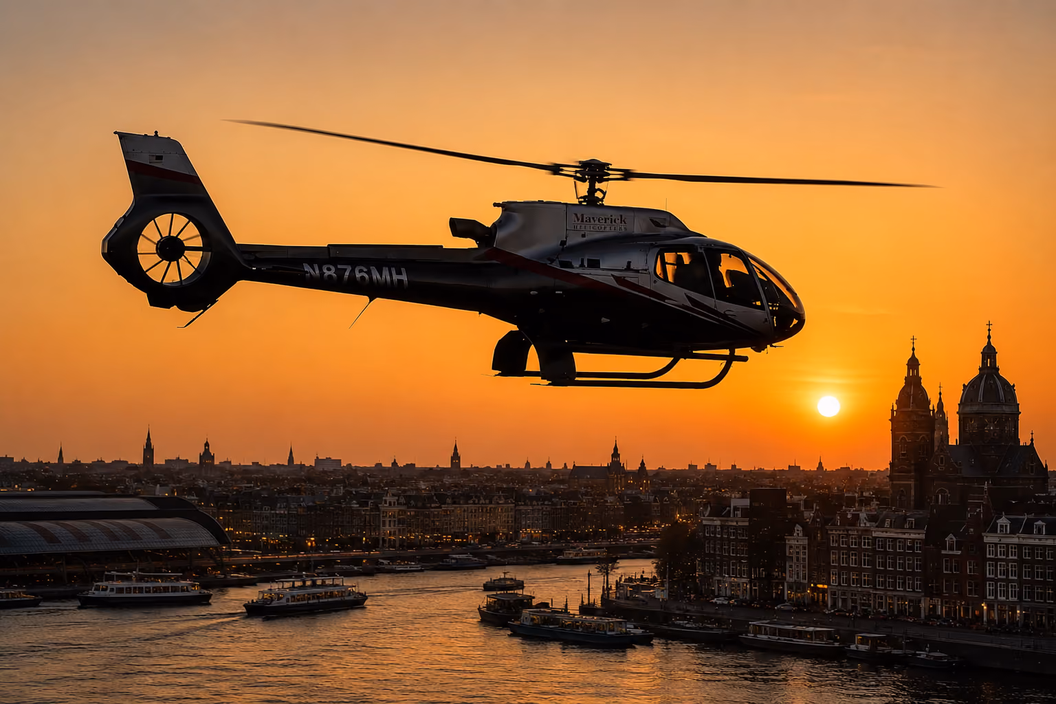 Helicopter flying over a river cityscape at sunset with a glowing orange sky.