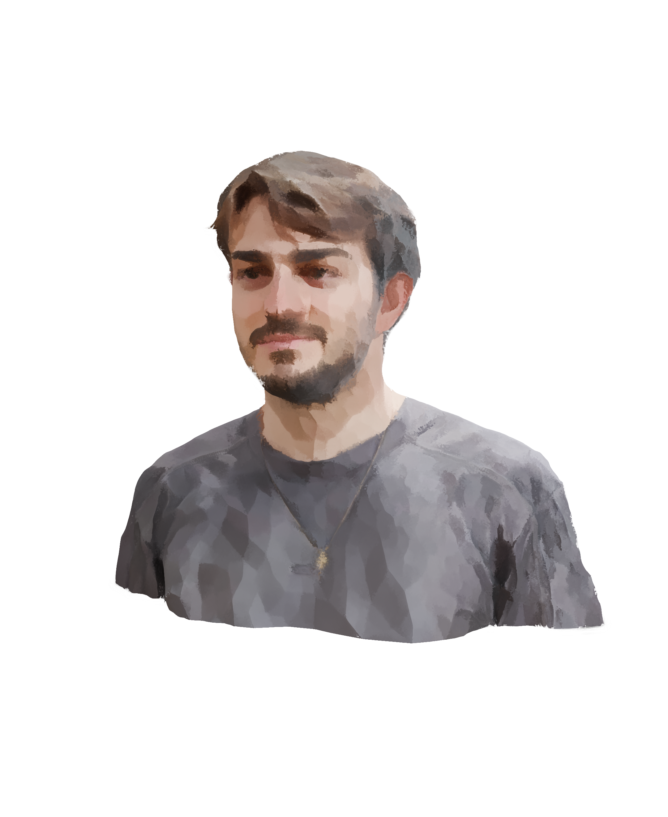 Digital portrait of a man with short brown hair, beard, and a gray shirt wearing a necklace.
