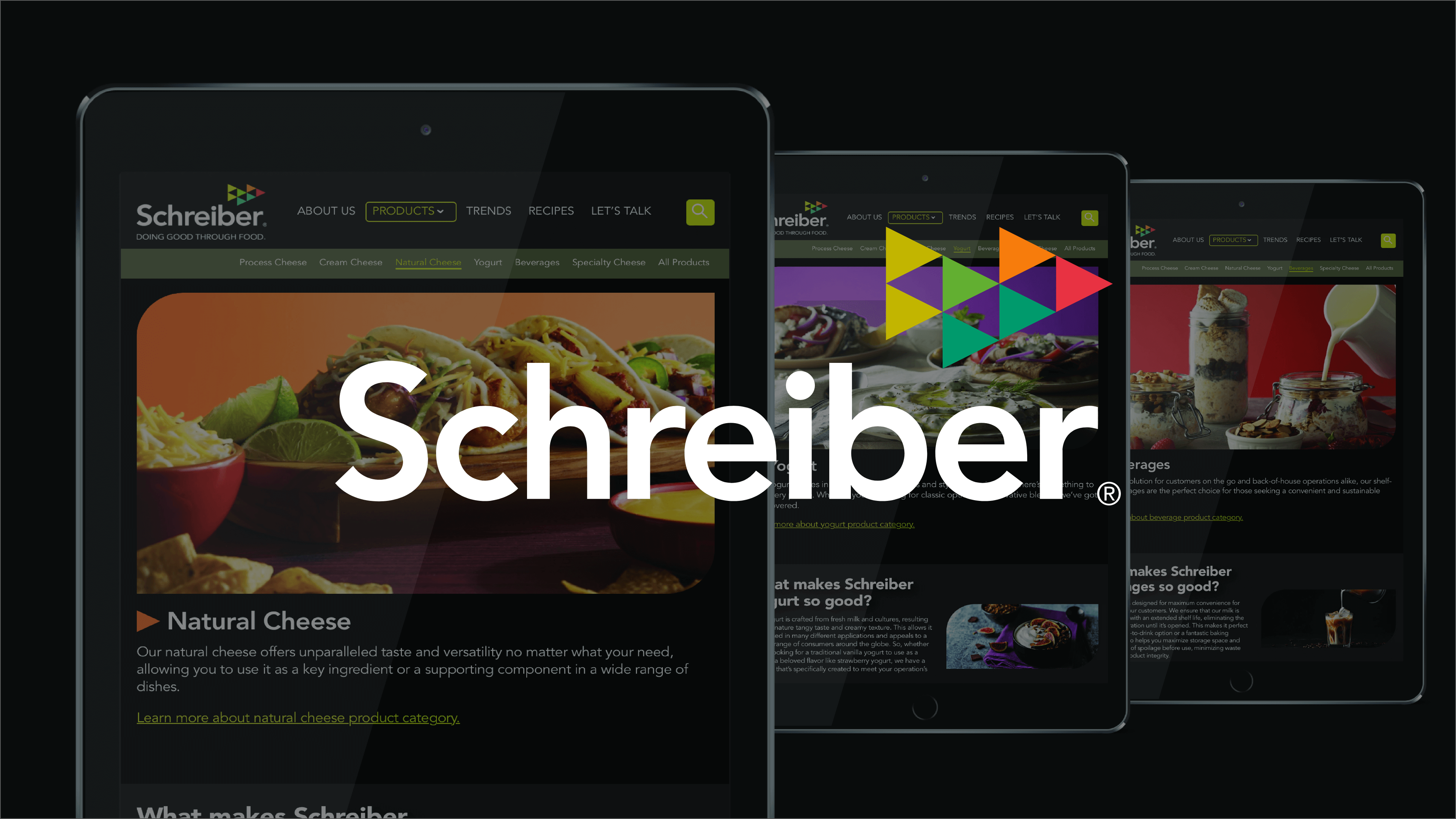 Tablet screens displaying the Schreiber Foods website with images of food products, overlaid by the Schreiber logo and a colorful triangular graphic. The background is dark for contrast.