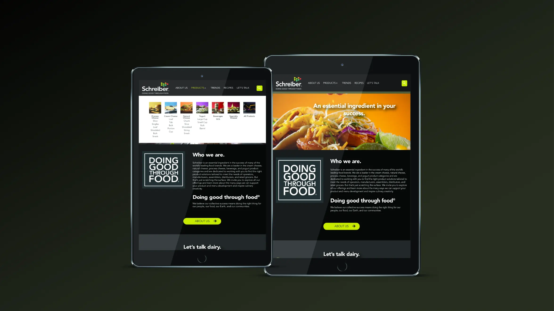 Two tablets display the Schreiber Foods website, featuring a section titled Doing good through food with images of food products and text about the company’s mission. The screens have a dark background with green and white accents.