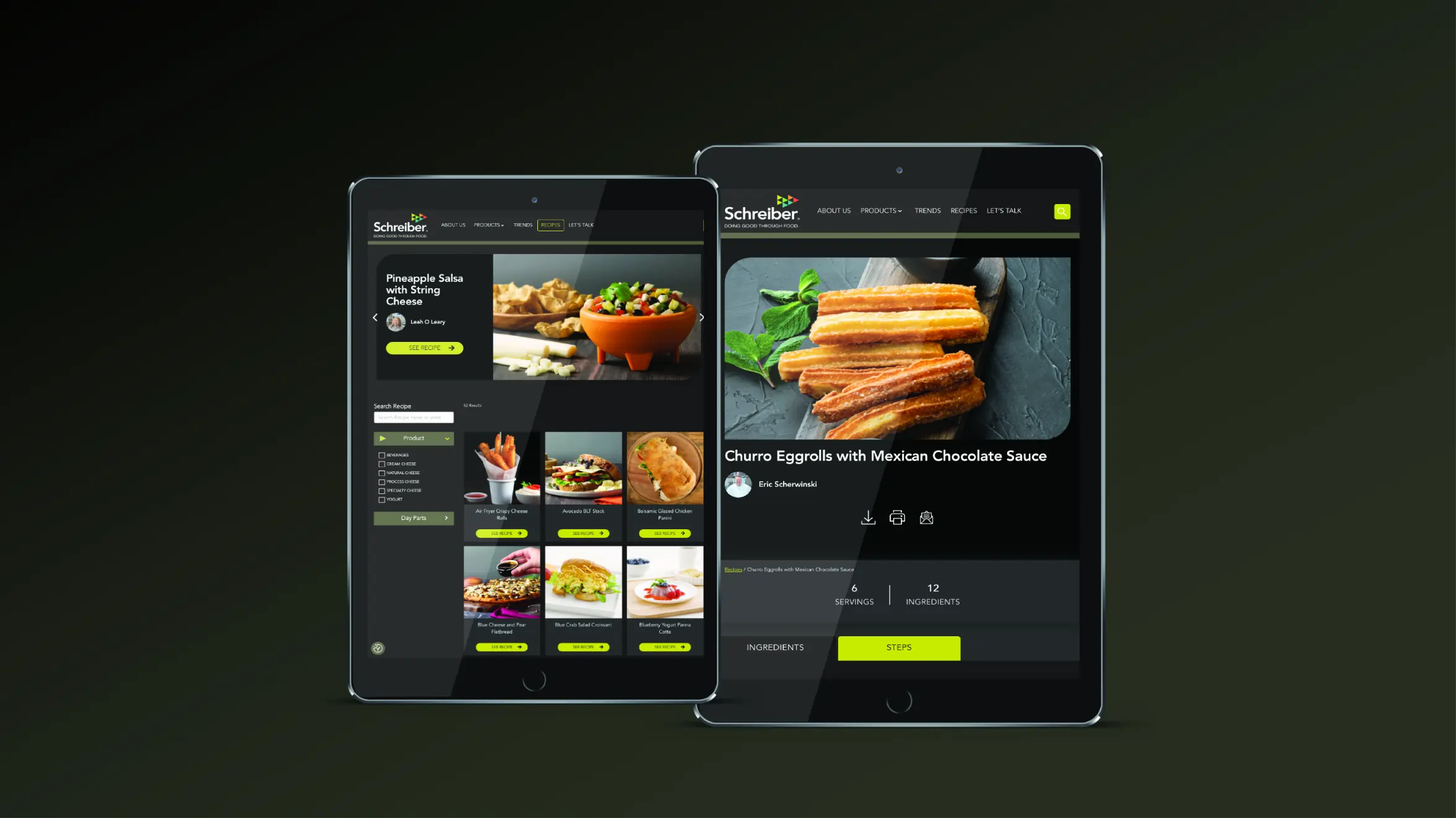 Two tablets display a food website with images of dishes, including churros with chocolate sauce, pineapple salsa, burgers, and salads, set against a black background.