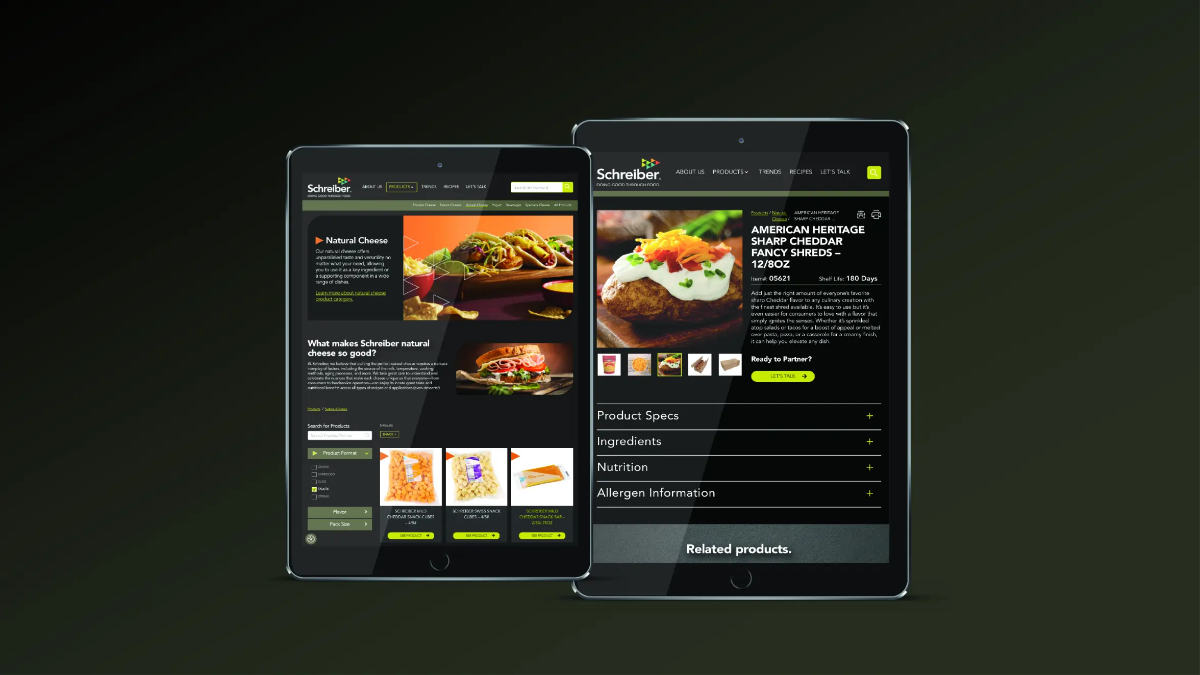Two tablets display a food website featuring cheese products. The screens show images of dishes, product details, and navigation menus on a dark background with green and white accents.