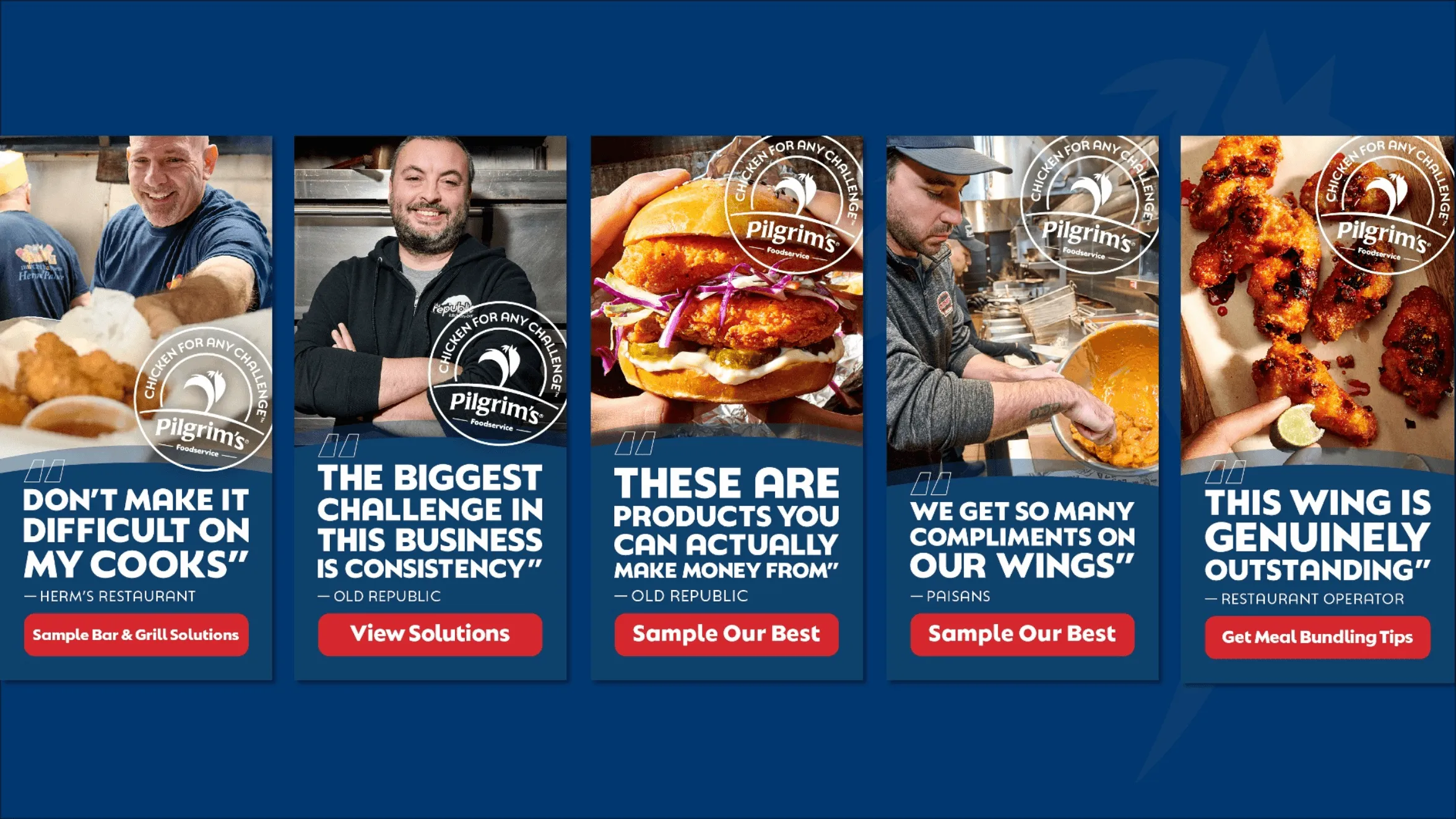 A four-panel advertisement shows chefs with food and text promoting Pilgrim’s products, consistency in business, and positive feedback on chicken wings, with buttons for solutions, samples, and meal bundling tips.