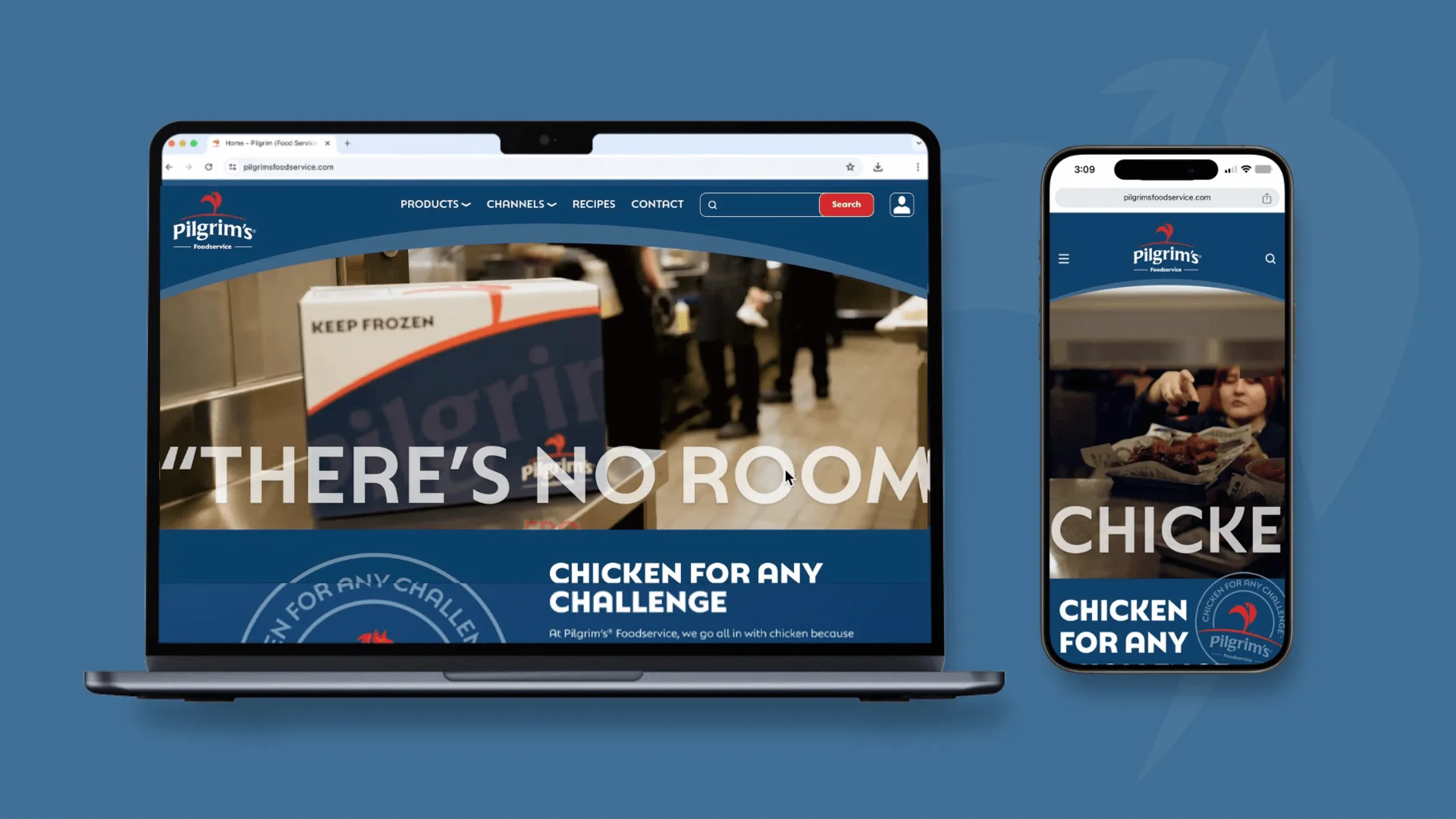 A laptop and smartphone display the Pilgrim’s website homepage, featuring the text “CHICKEN FOR ANY CHALLENGE” in bold white letters over a background image of packaged chicken and blurred people.