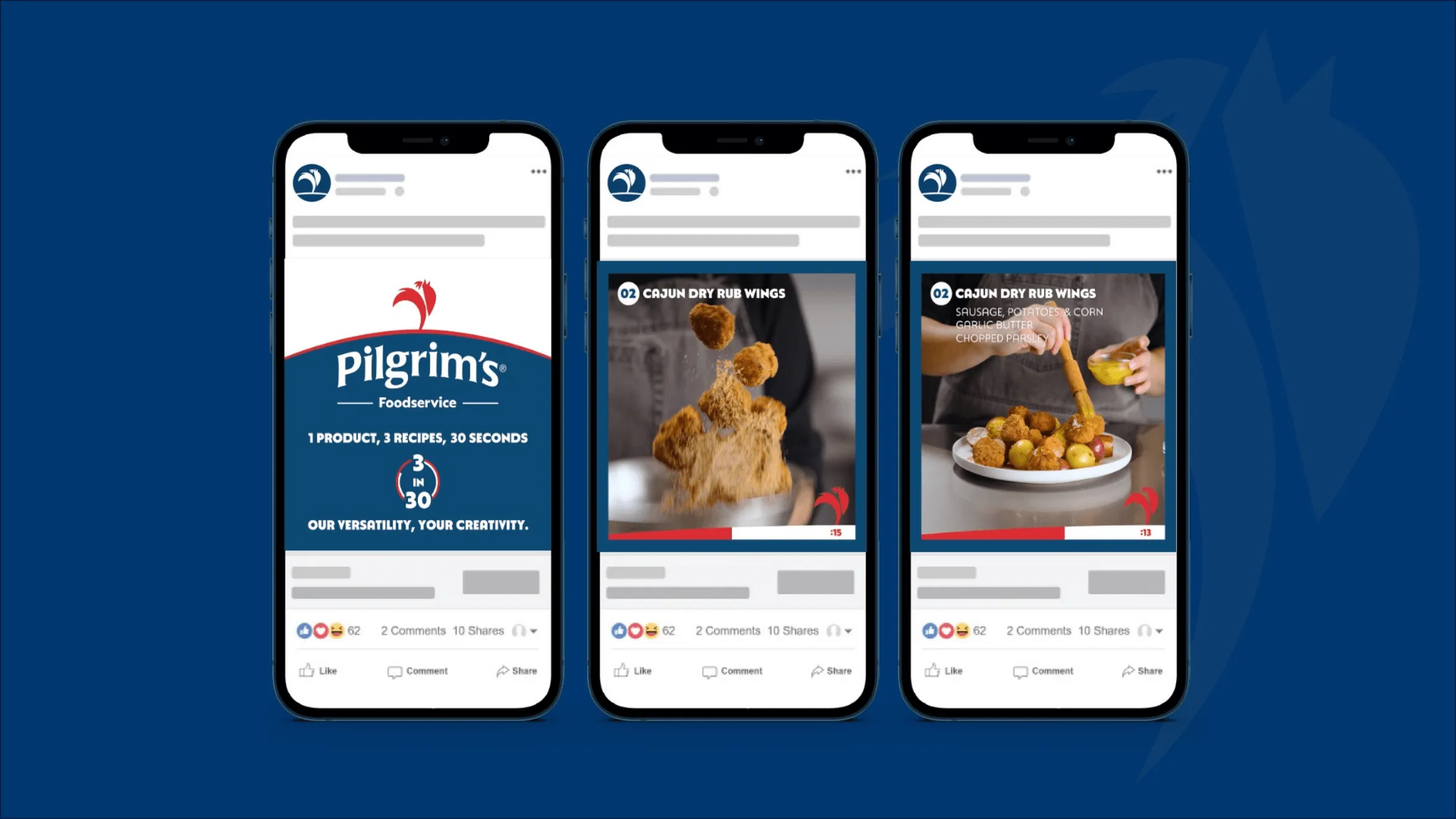 Three smartphones display Pilgrim’s Foodservice social media posts featuring fried foods, chicken wings, and branded content on white backgrounds, all set against a blue background.