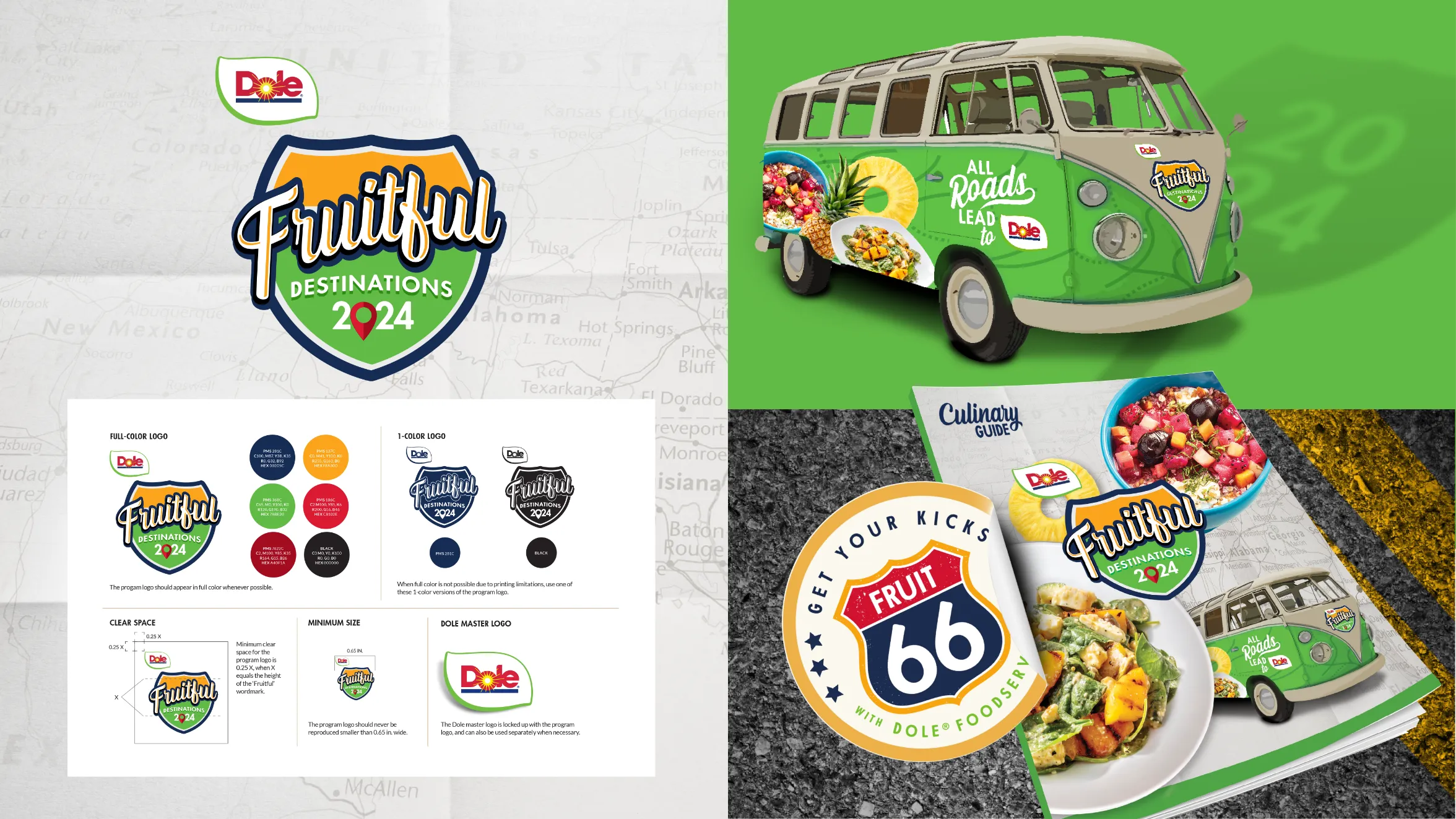 A collage features the Dole logo, a “Fruitful Destinations 2024” badge, fruit-themed branding materials, a green vintage van with fruit bowls, and a magazine titled “Fruit 66” with colorful salads on the cover.