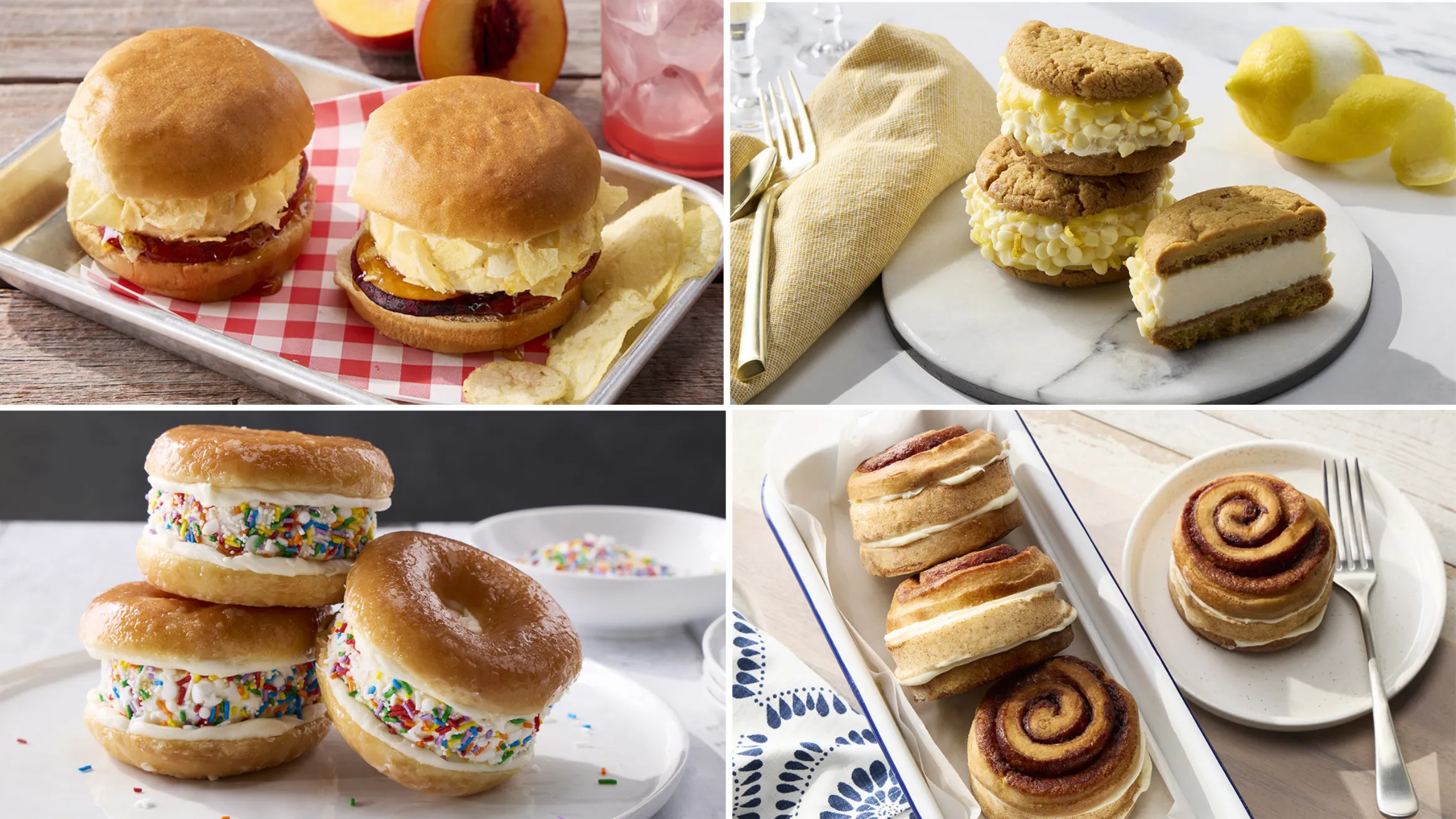 A collage of four images showing unique ice cream sandwiches: peach and jam on buns, lemon cookie sandwiches, sprinkle-filled donut sandwiches, and cinnamon roll ice cream sandwiches.