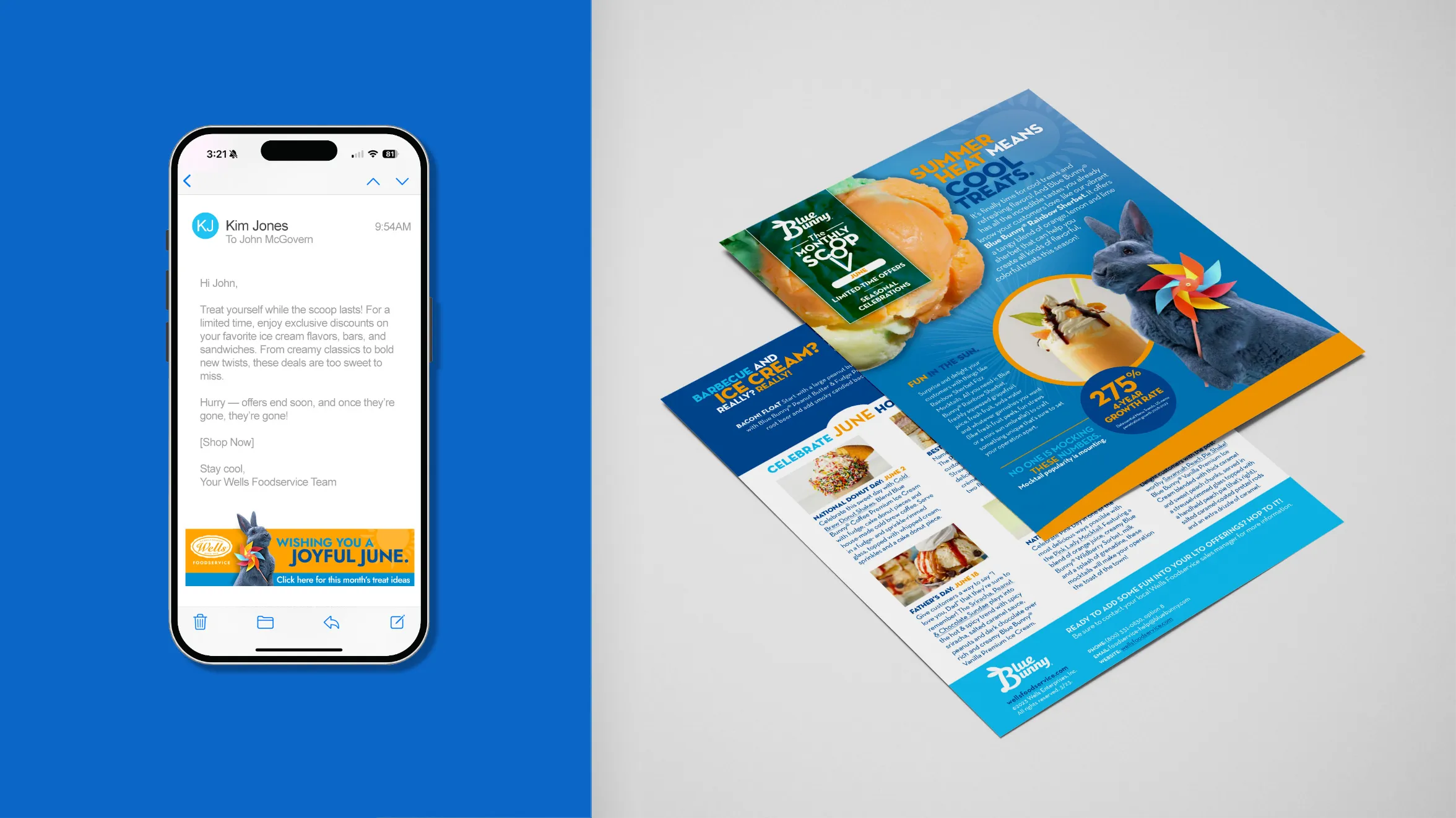 A smartphone displaying an email is shown on the left, while on the right, there are colorful printed marketing materials featuring a kangaroo, a burger, and text on a blue and yellow background.