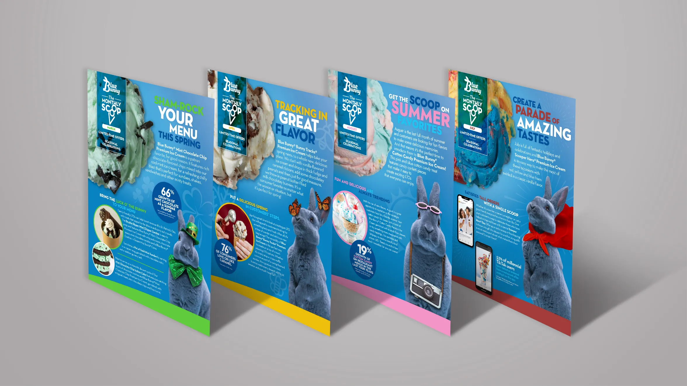 Five colorful promotional flyers with blue backgrounds, featuring rabbits and pet food, are arranged in a row. Each flyer highlights different pet products or themes for spring and summer, with playful, bright accents.