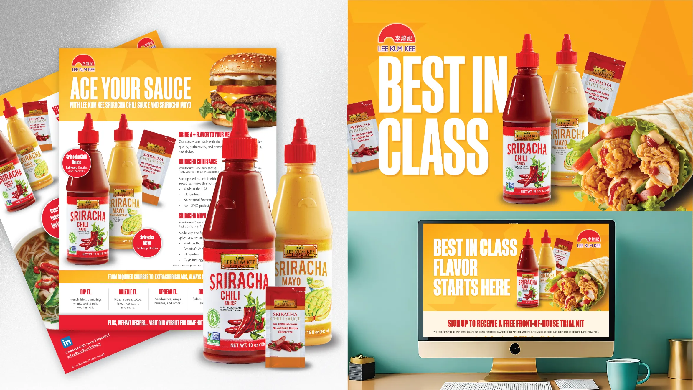 Promotional materials for Lee Kum Kee sauces, including Sriracha Chili, Sriracha Mayo, and Sriracha Mustard, with bottles, food items, and a computer screen displaying BEST IN CLASS and product images.