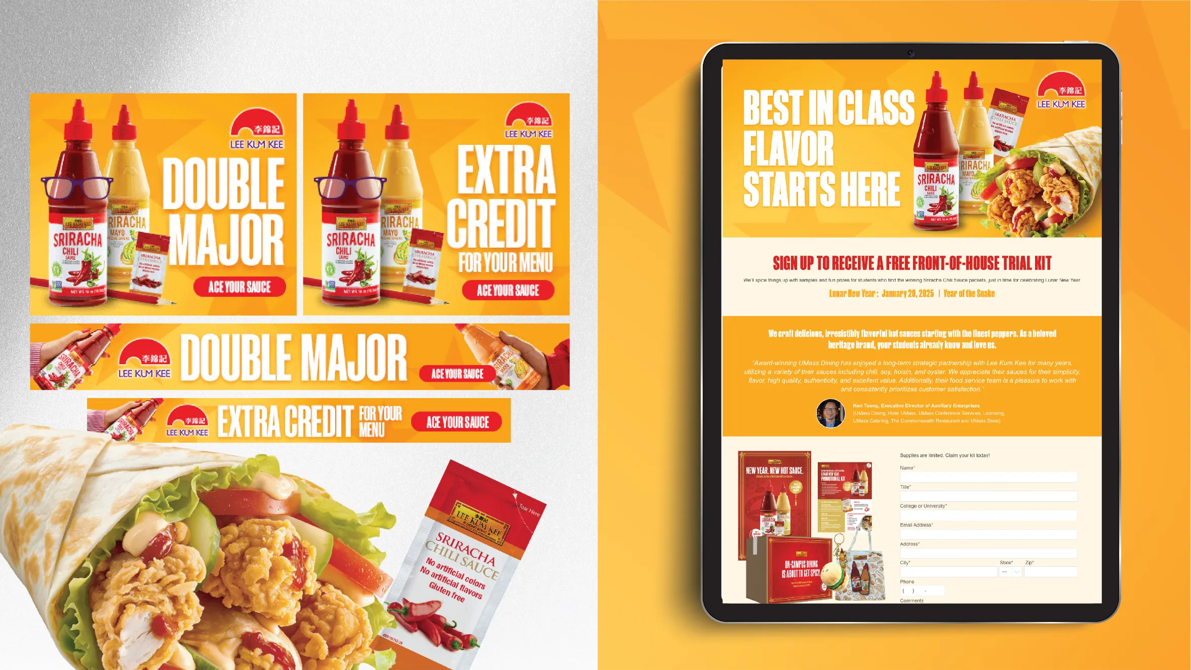 A promotional display for Lee Kum Kee Sriracha Mayo features bottles, food items, and a tablet showing a sign-up form for a free trial kit, with bold text highlighting Double Major and Extra Credit offers.