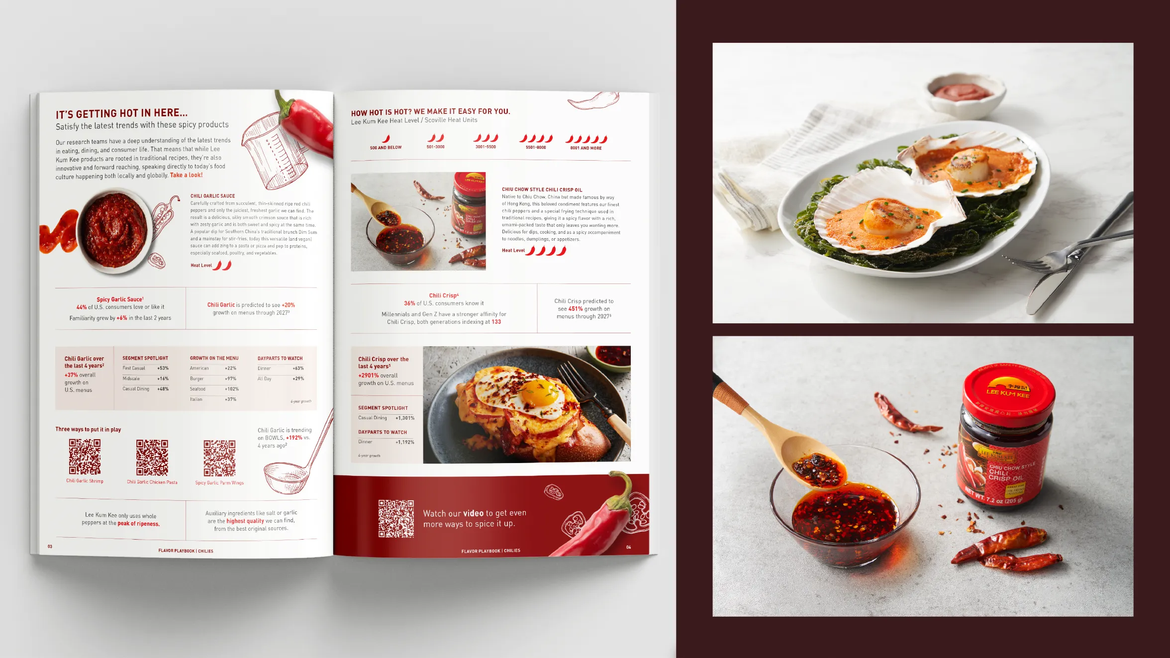A magazine spread and two food photos feature a spicy chili sauce. The spread shows recipes and a jar of sauce, while the side images display scallops on greens and a wooden spoon with the chili sauce next to its jar.