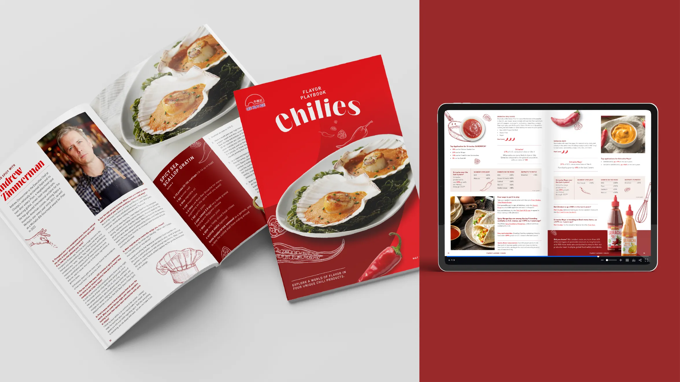 A red and white cookbook about chilies is displayed, showing print pages with recipes and a featured chef, alongside a tablet screen displaying digital cookbook content with images of food and chili peppers.