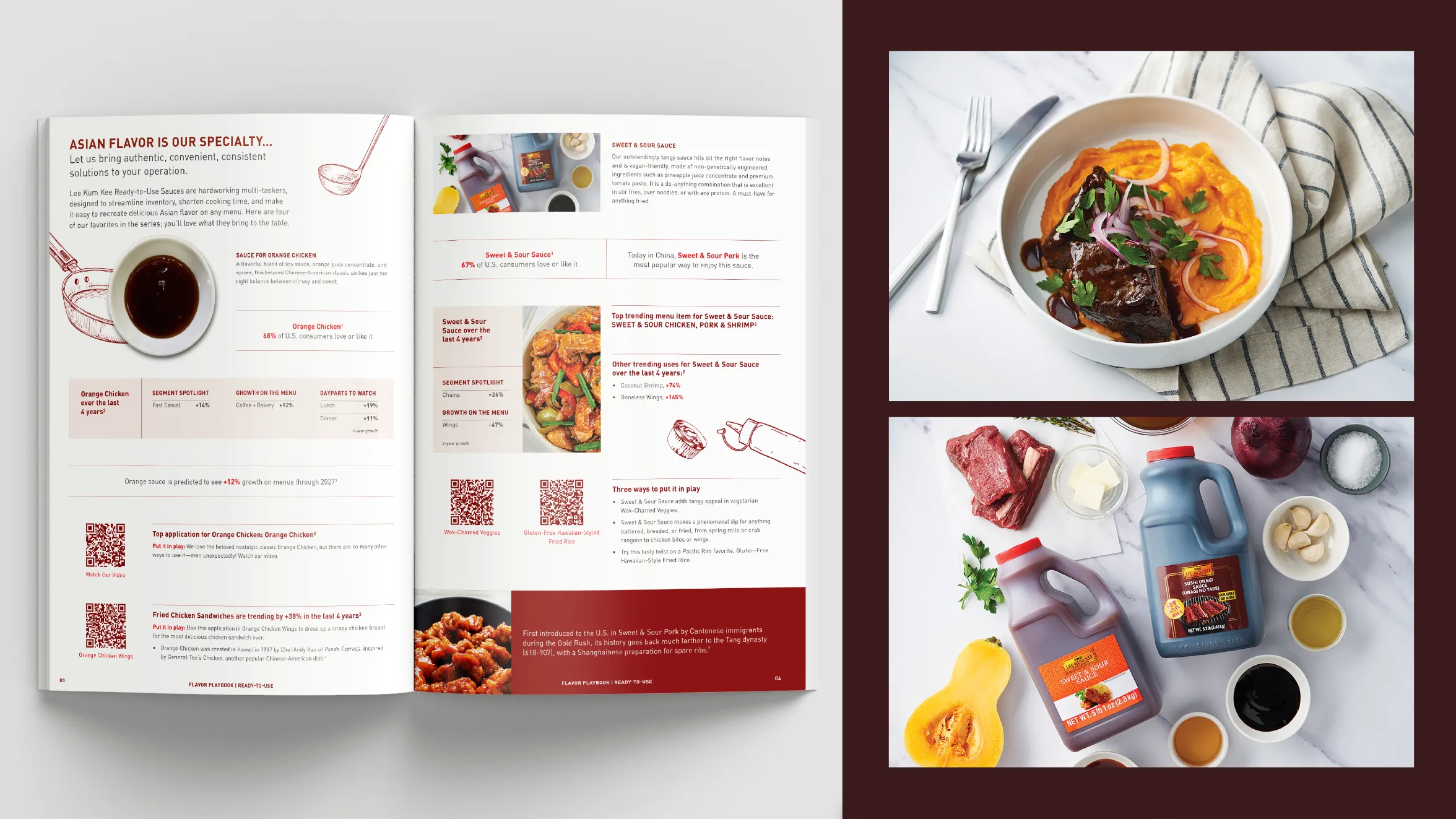 An open recipe booklet with images of dishes and sauces on the left, next to two food photos on the right: one of braised meat noodles in a bowl, and another of sauces with raw ingredients on a table.