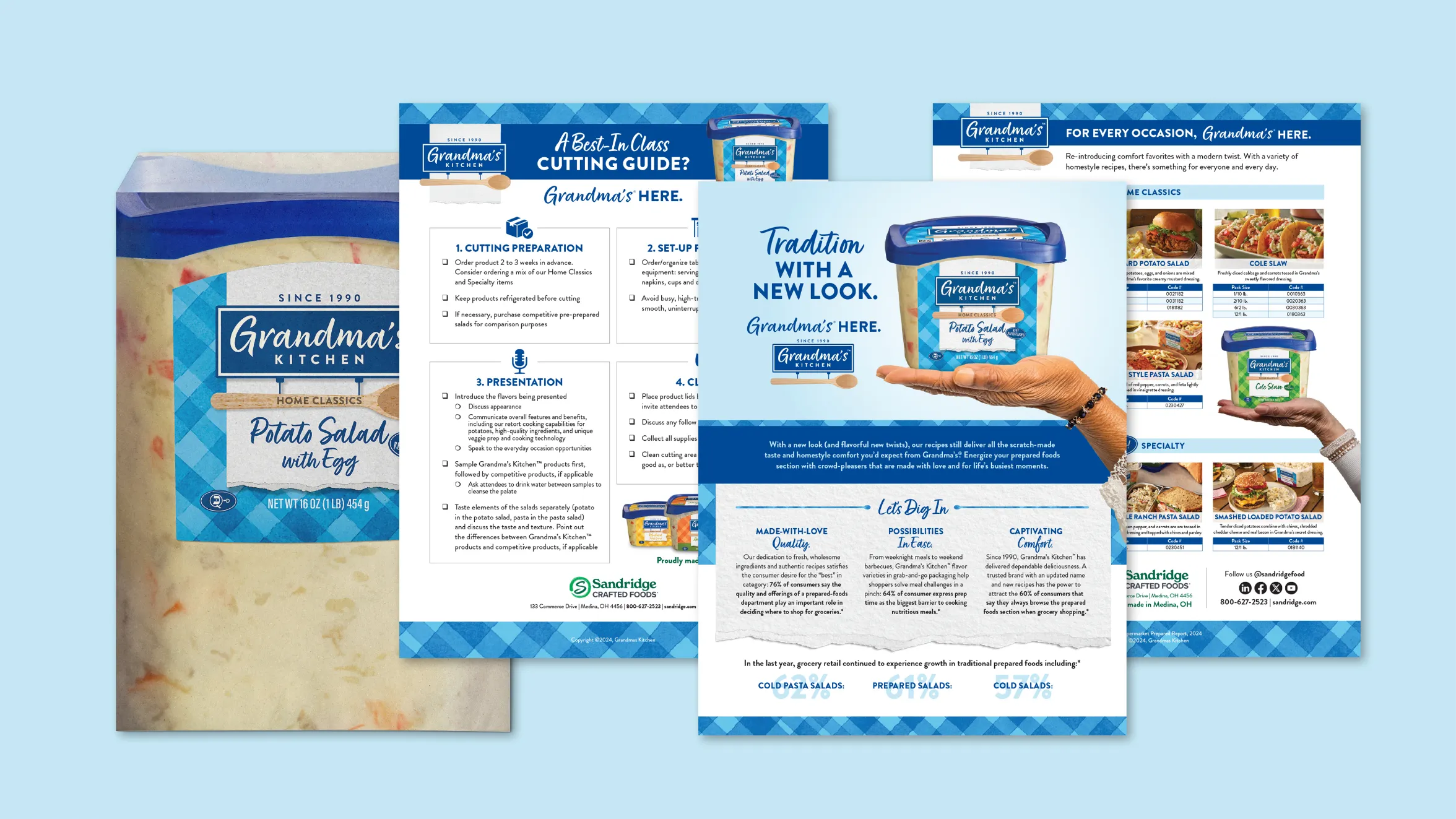 A package of Grandma’s Kitchen Potato Salad with Egg is shown beside three marketing flyers featuring product details, preparation instructions, serving suggestions, and images of Grandma’s Kitchen food items on a blue background.