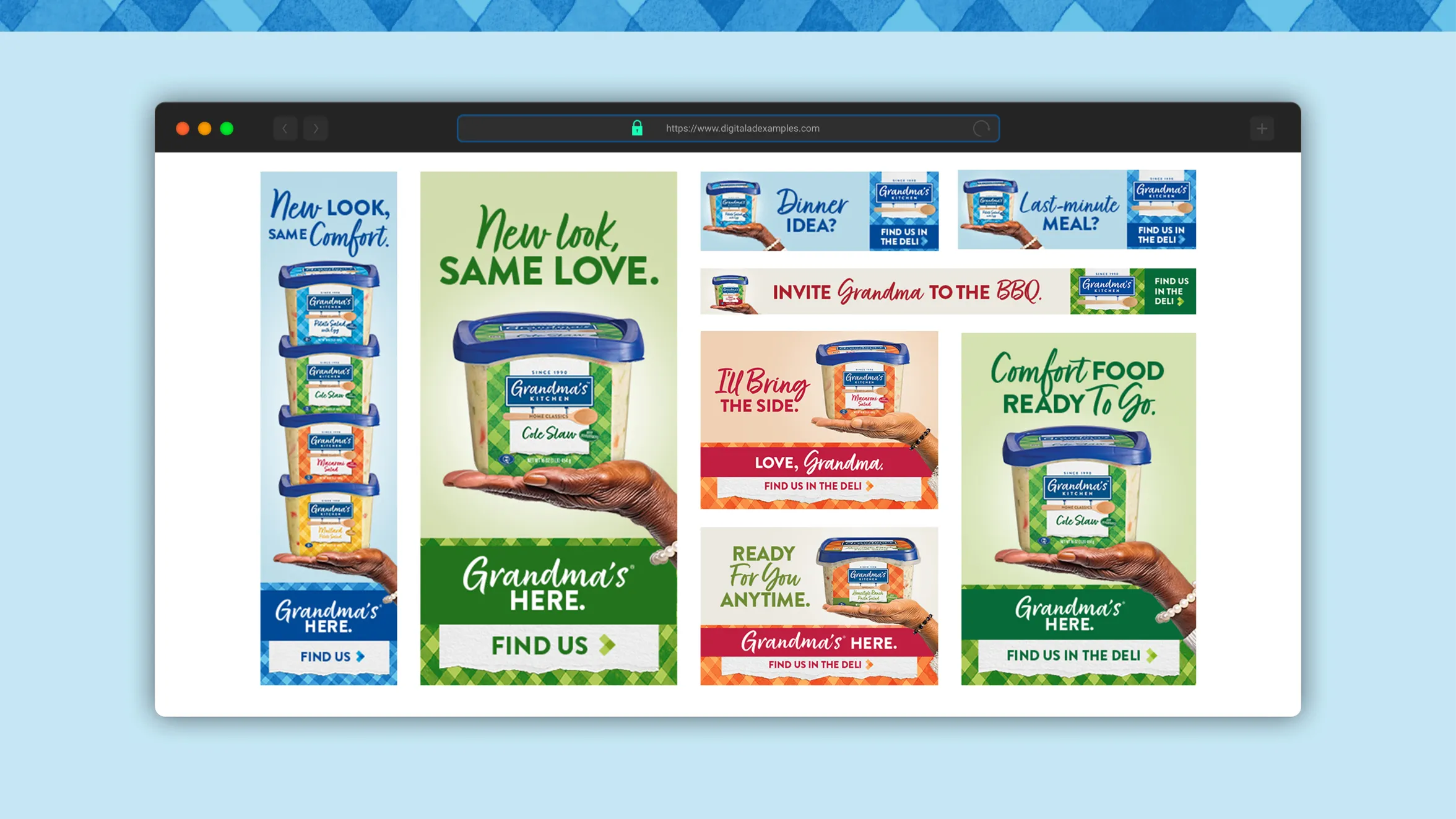 A webpage displays various ads for Grandma’s Deli Side dishes, featuring images of packaged food containers, phrases like “New Look, Same Love,” and a hand holding a product container.