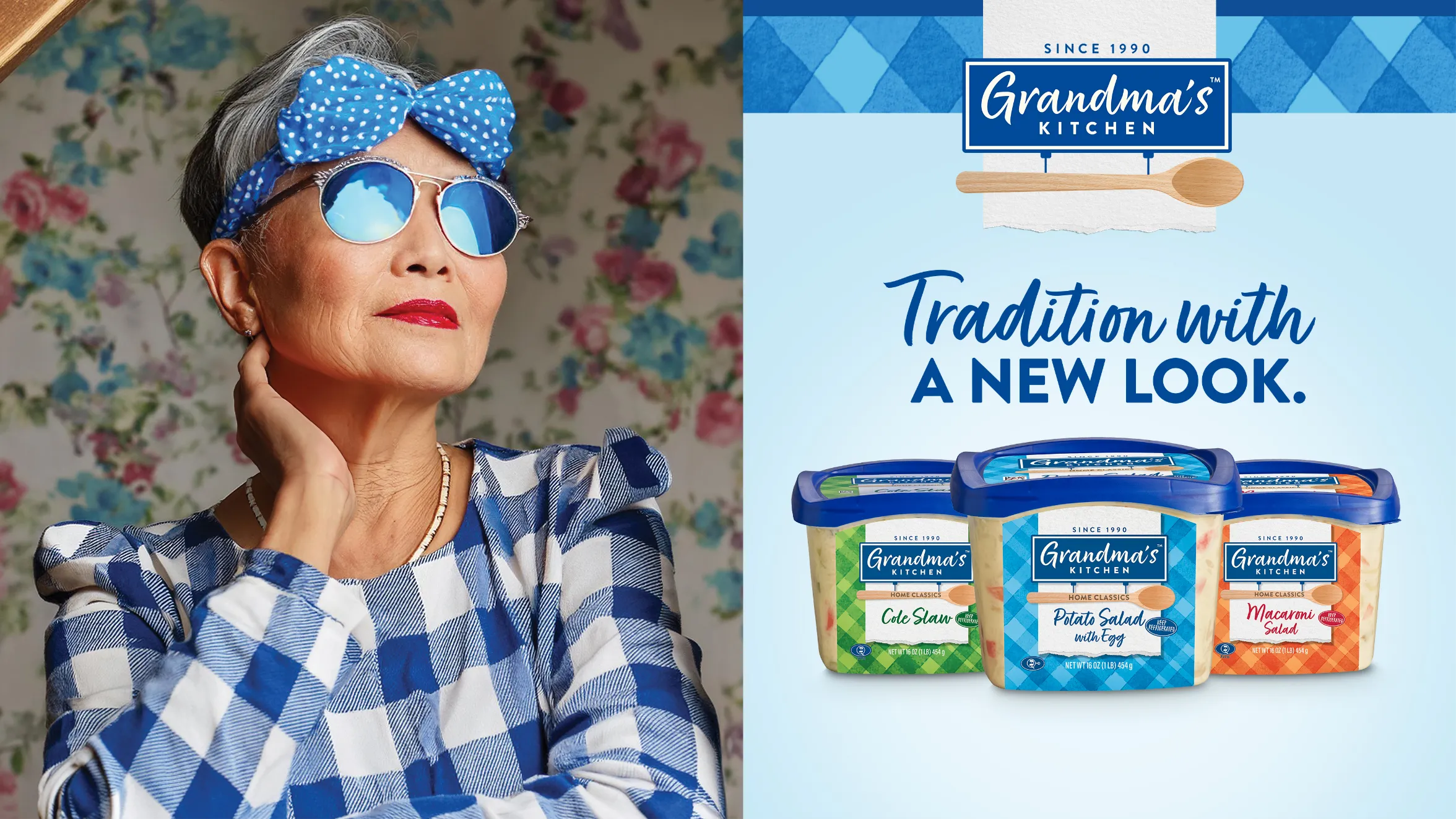 A stylish older woman in checkered blue and white clothing and sunglasses poses beside a Grandma’s Kitchen ad showing three ice cream tubs and the tagline “Tradition with a new look.”.