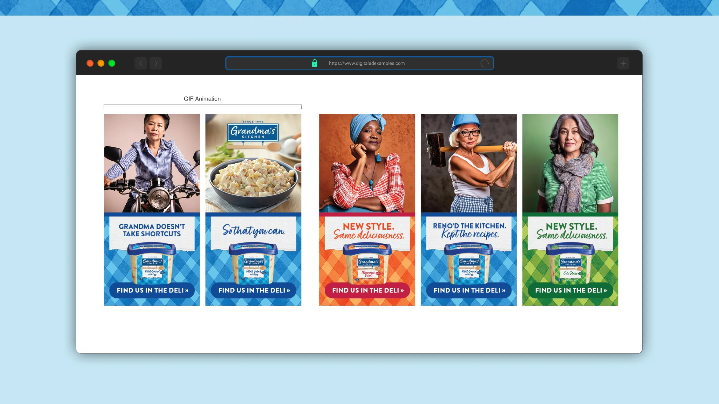 A web page displays four ads for Grandma’s pasta salad, each with a woman and slogans: “Grandma doesn’t take shortcuts,” “New style. Same deliciousness,” and “Find us in the deli.”.