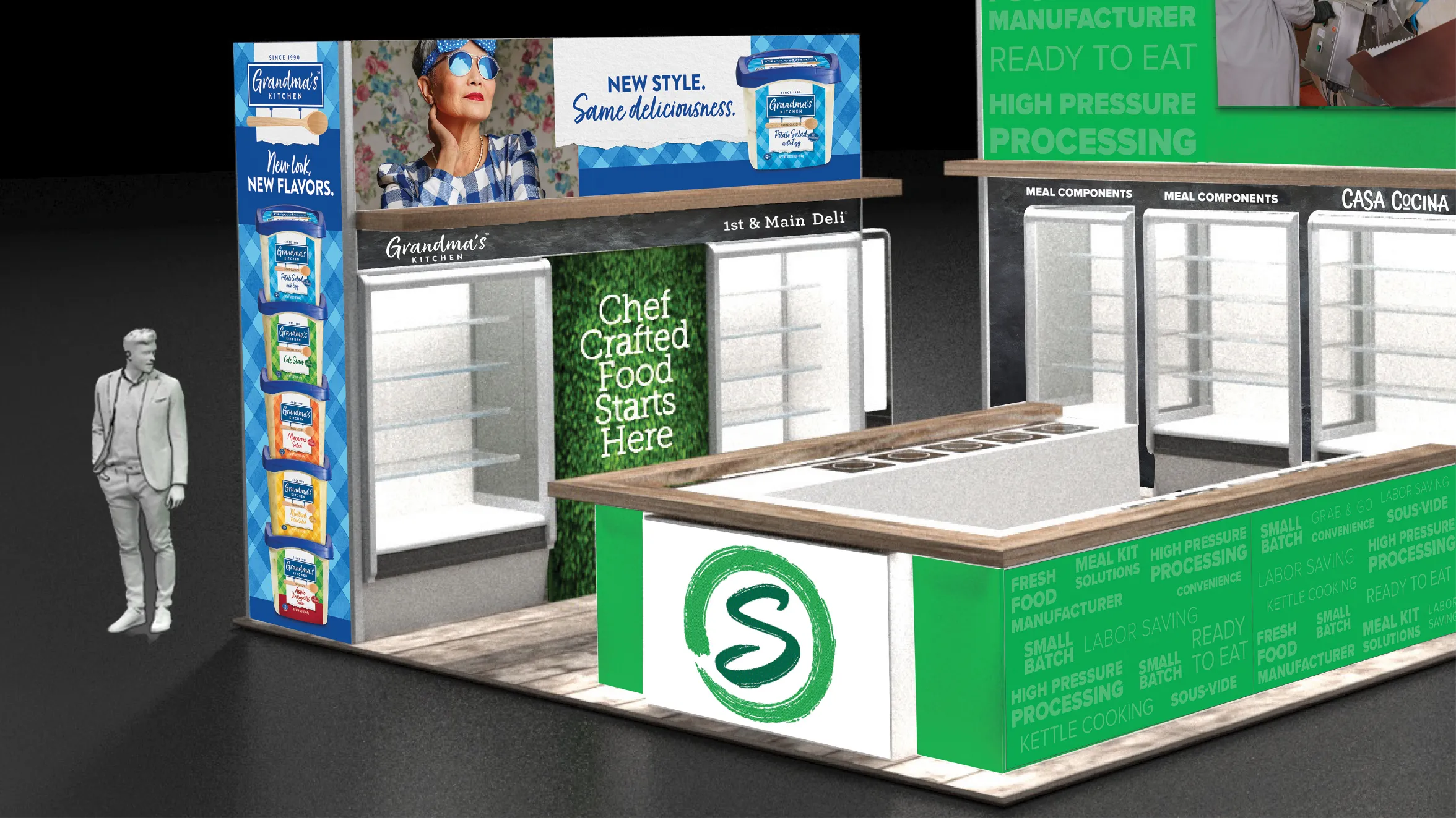 3D rendering of a modern food booth with green and white branding, featuring signs that read Chef Crafted Food Starts Here and New Style, Same deliciousness. A male figure stands nearby for scale.