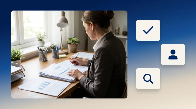 Practice leader reviewing patient access reports at a desk, with checkmark, patient and search icons