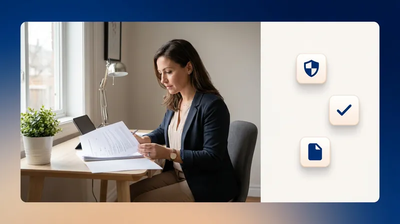 Front office staff member reviewing insurance paperwork at a desk, with shield, checkmark and document icons