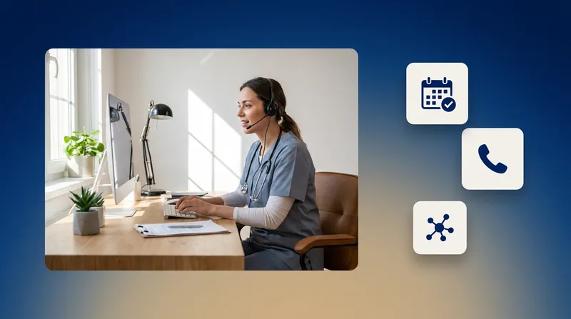 Scheduling agent with a headset working at a computer, with calendar, phone and network icons