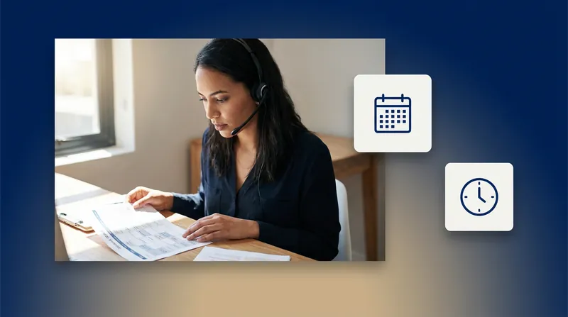 Call center scheduler with a headset reviewing appointment papers, with calendar and clock icons