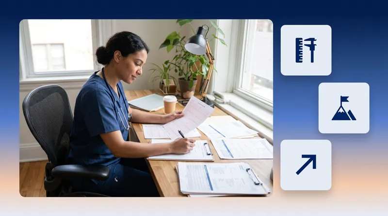 Clinician in scrubs reviewing patient journey reports at a desk, with measurement, milestone and growth icons