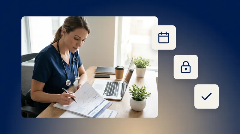 Nurse reviewing a scheduling planner at a desk with a laptop, with calendar, lock and checkmark icons