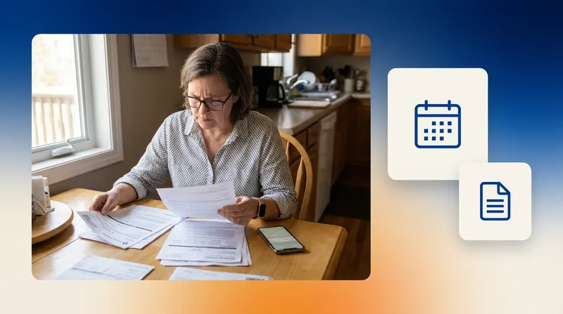 Patient reviewing medical paperwork at a kitchen table, with calendar and document icons