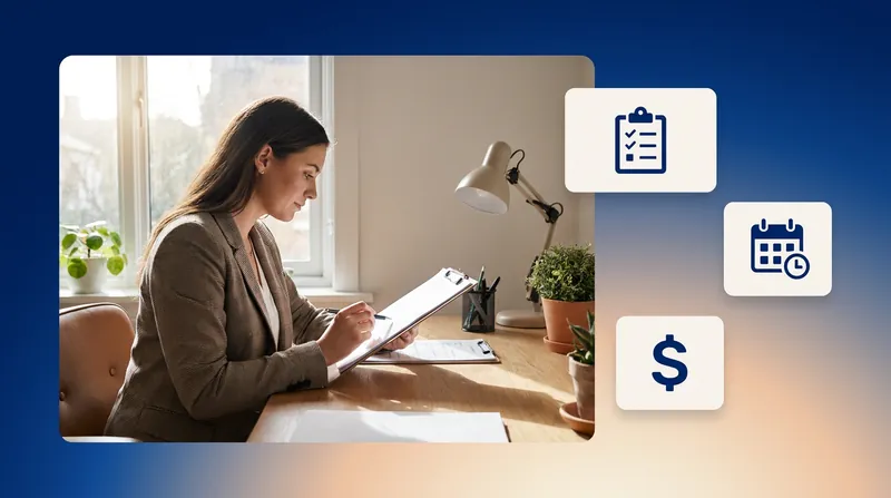 Practice manager reviewing a clipboard at a desk, with checklist, calendar and billing icons
